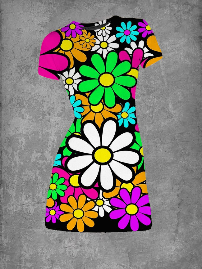 Women's Retro Daisies Flowers Graphic Crew Neck T-Shirt Dress