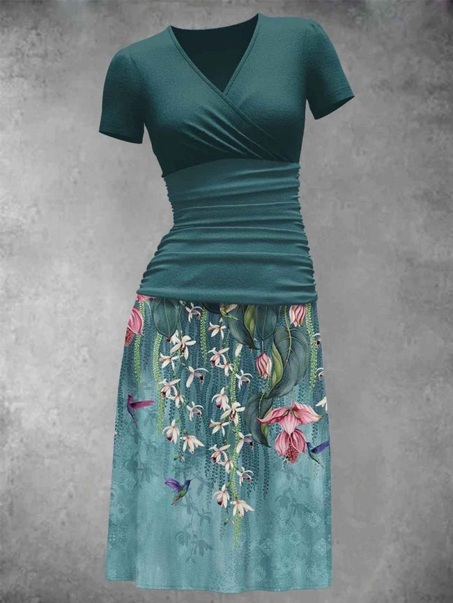 Women's Gradient Green Floral Print Midi Dress