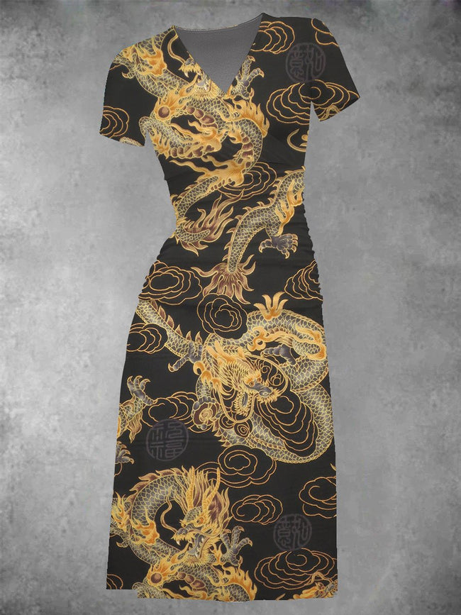 Women's Gold Dragon Print Two-Piece Midi Dress