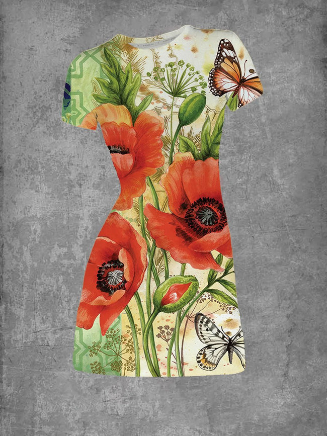 Women's Poppie Delight Flower Print Crew Neck T-Shirt Dress