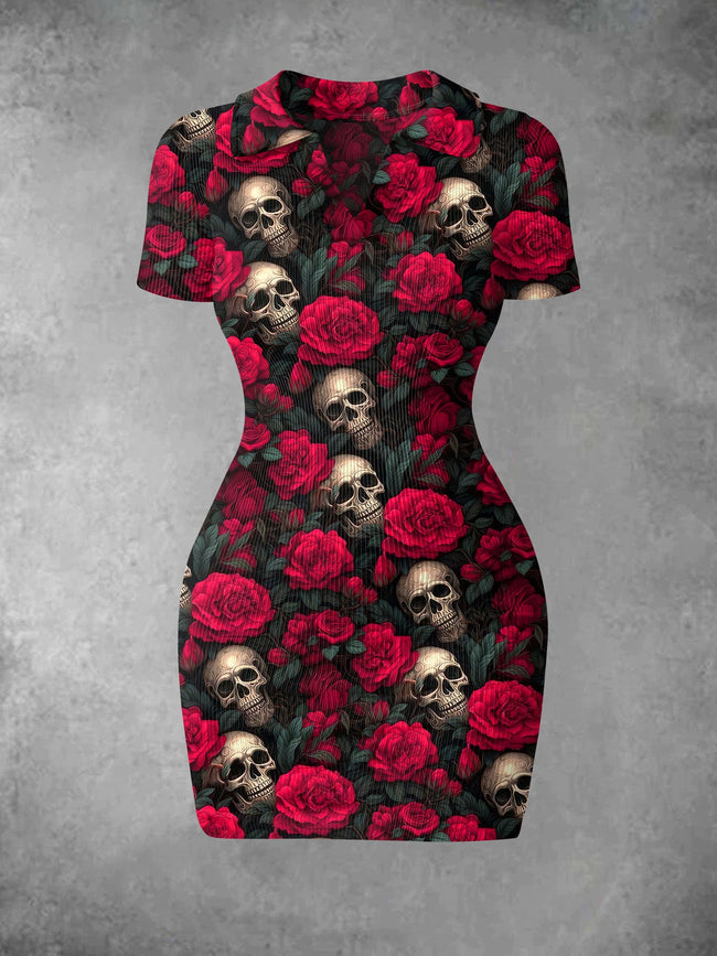 Women's Retro Rose Skull Print Ribbed Bodycon Mini Dress