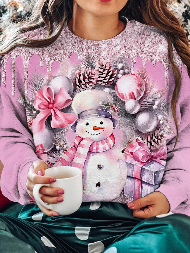 Vintage Winter Snowman Print Crew Neck Long Sleeve Sweatshirt