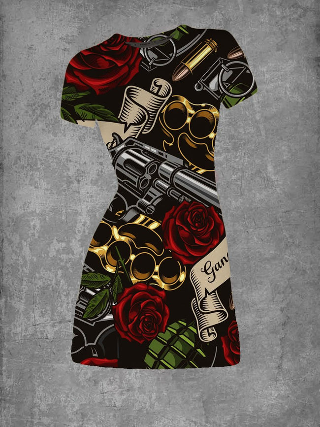Women's Vintage Rose Weapon Old School Tattoo Crew Neck T-Shirt Dress