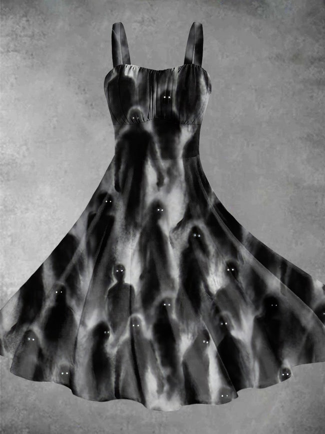 Vintage Dark Style Ghost Halloween Art Print Backless Dress