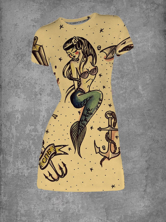Vintage Mermaid Graphic Crew Neck T-Shirt Dress