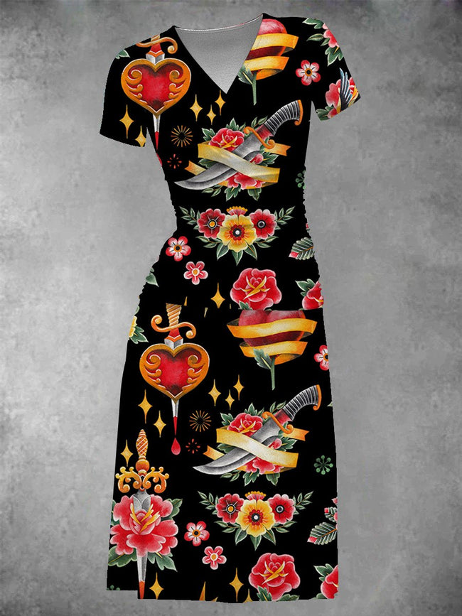 Women's Vintage Rose Tattoo Midi Dress