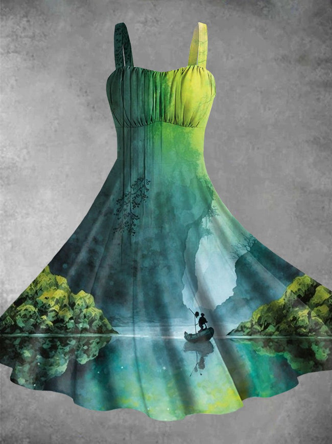 Landscape Painting Print Backless Dress