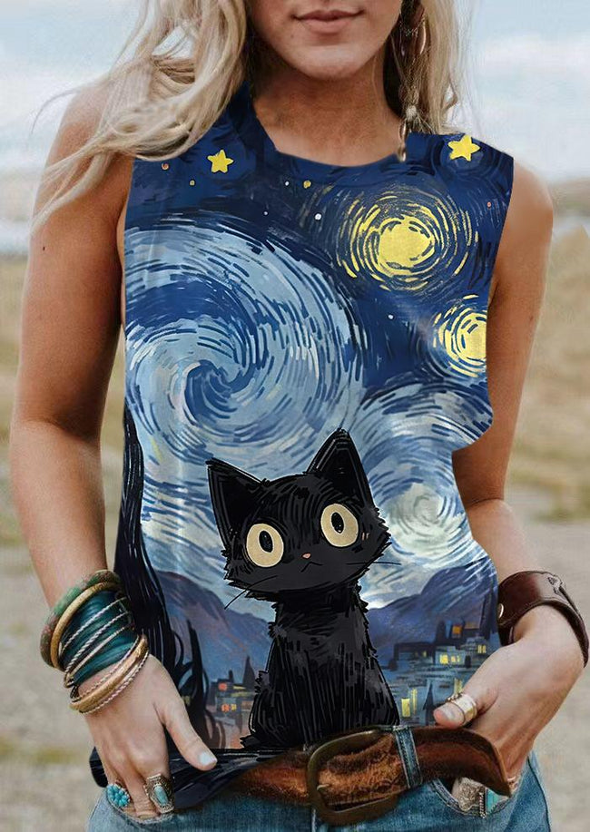 Cute Animal Black Cat Van Gogh Starry Sky Art Vintage Print Tank Top