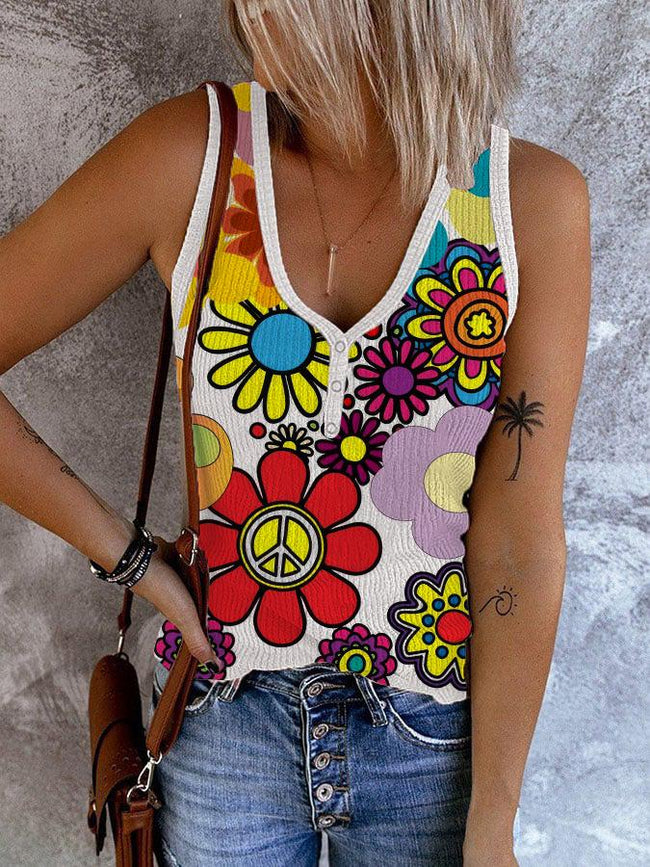 Women's Peace Flowers Power Print Ribbed Button V Neck Tank Top