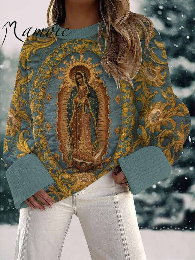 Women's Christian Our Lady Floral Christian Print Fuzzy Knit Casual Pullover Sweaters