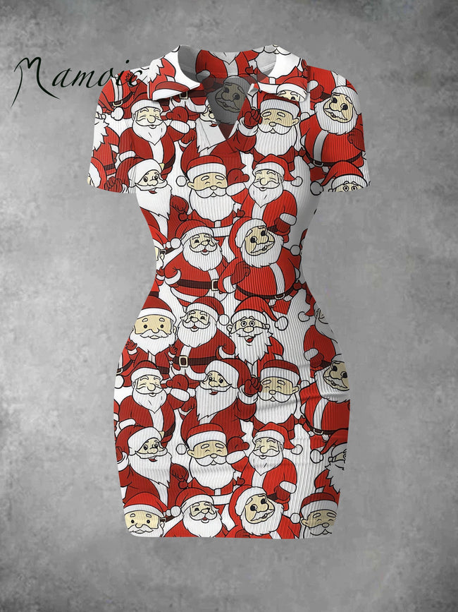 Women's Vintage The lovely Santa Claus Print Ribbed Bodycon Mini Dress