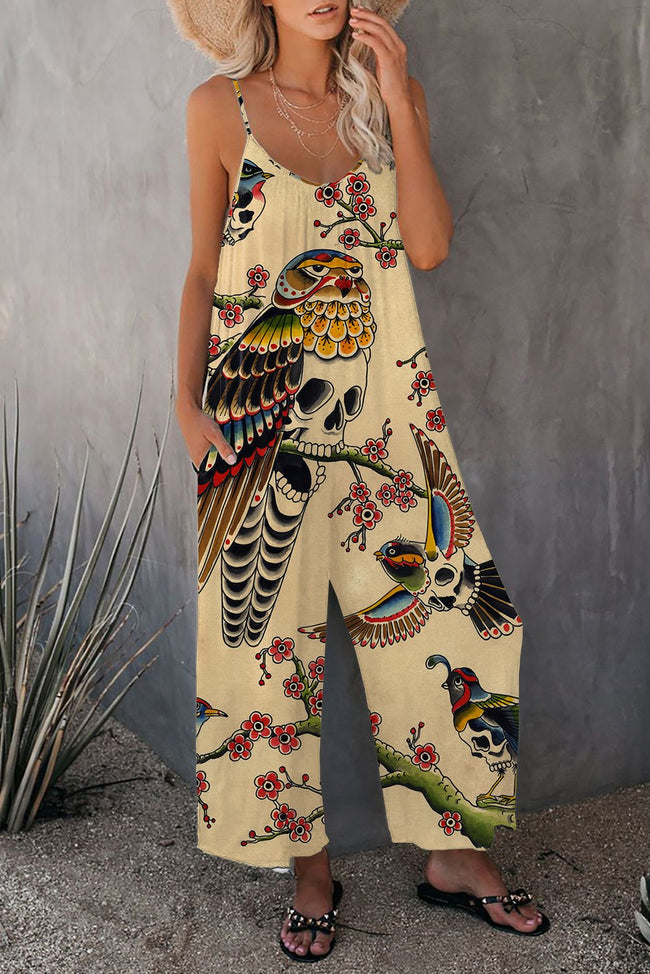 Vintage Skull Print Wide leg Jumpsuit with Pockets