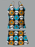 V-Neck Retro Skull Daisy Art Print Suspender Skirt Tankini Pantskirt Set Swimsuit