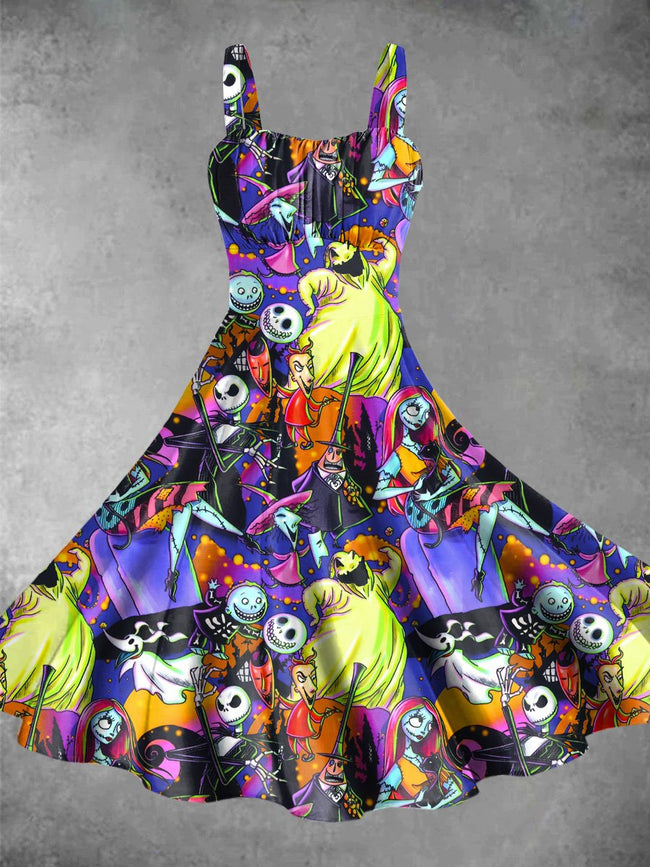 Vintage Dark Cartoon Halloween Print Backless Dress