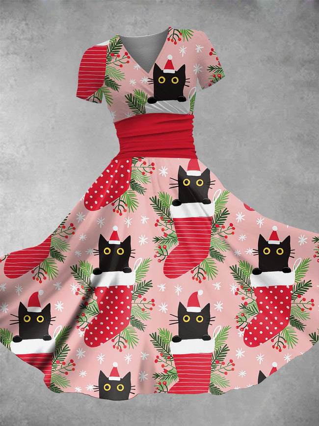Women's Vintage Christmas Cat Print Maxi Dress