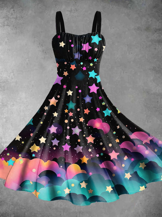 Vintage Starry Sky Print Backless Dress