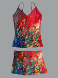 Women’s V-neck Vintage Butterfly Art Print Suspender Skirt Tankini Set Swimsuit