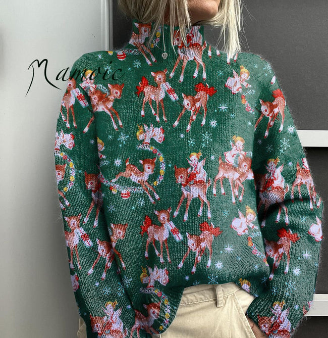 Vintage Christmas Deer Art Print Knit Turtleneck Pullover Sweater