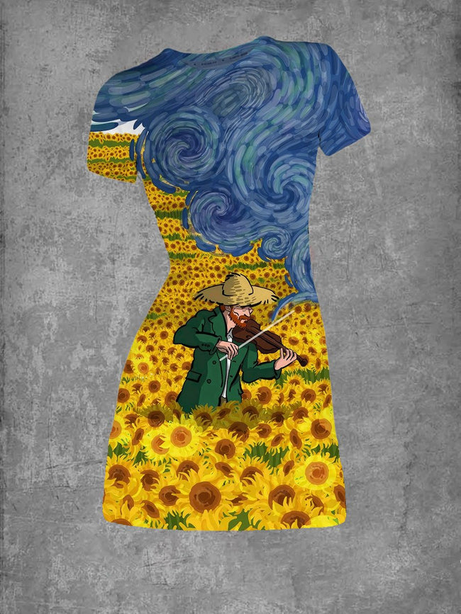 Women's Van Gogh Print Crew Neck T-Shirt Dress