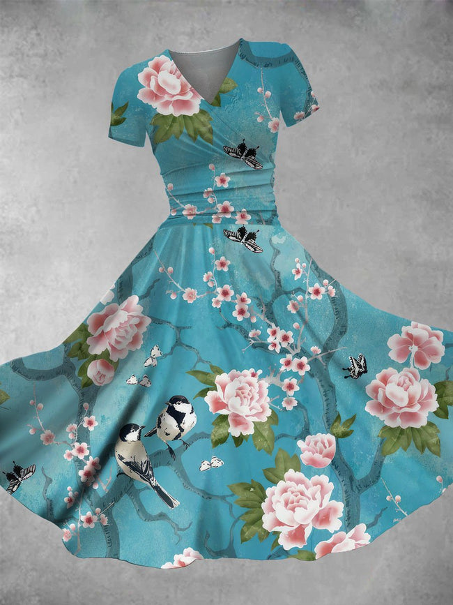 Women's Vintage Birds Print Maxi Dress