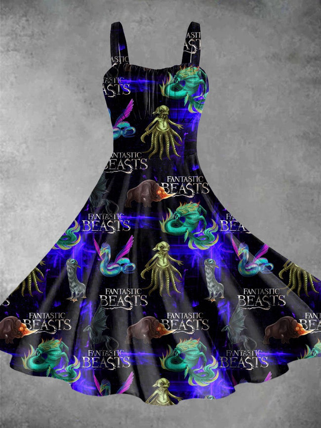 Vintage Halloween Wizard Print Backless Dress