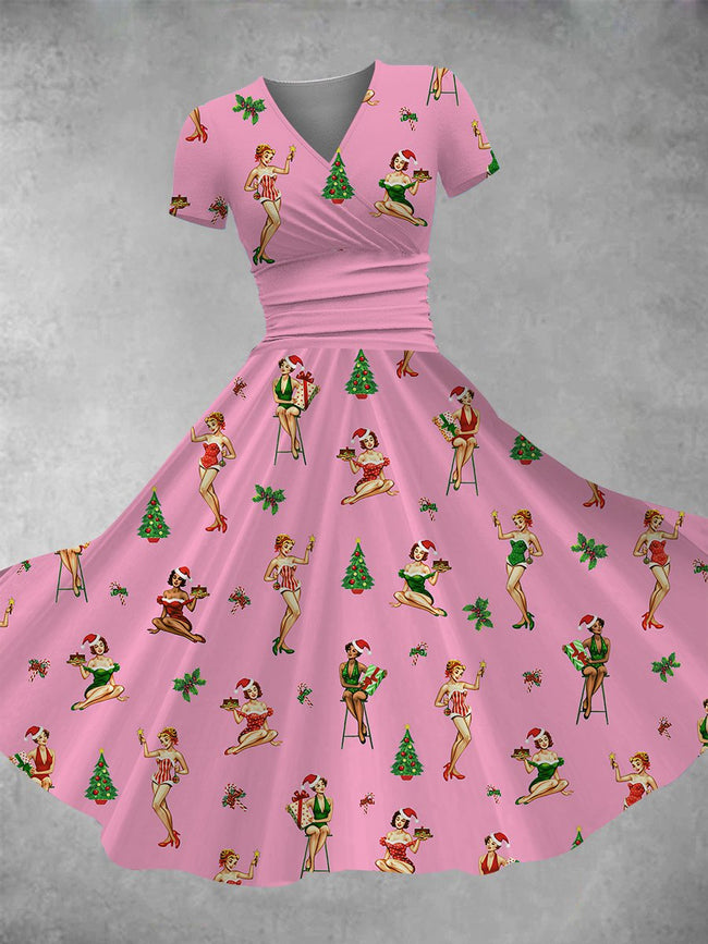Women's Vintage Christmas Pin-up Girls Print Maxi Dress