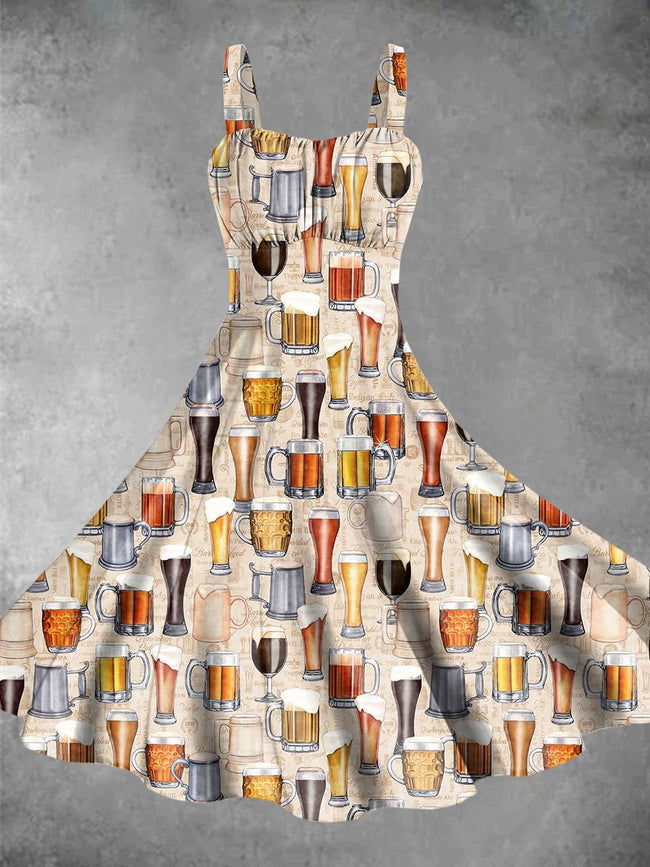 Vintage Beer Print Backless Dress