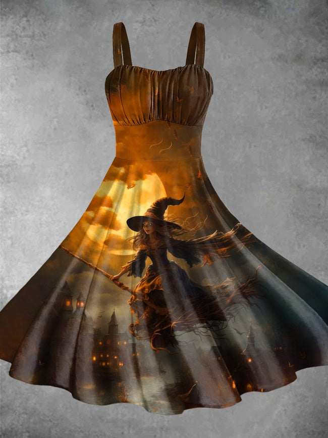 Vintage Witches Halloween Print Backless Dress