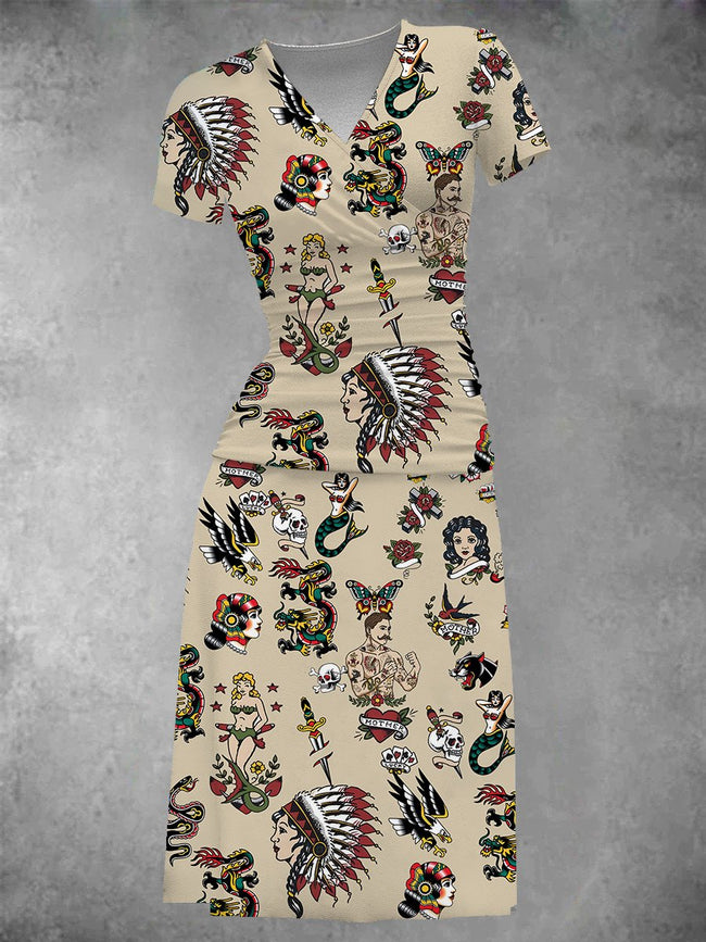 Women's Vintage Traditional Tattoo Print Two-Piece Midi Dress
