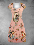 Women's Pink Vintage Mermaid Patchwork Casual Midi Dress