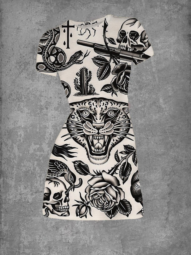 Women's Vintage Traditional Style Tattoo Print Crew Neck T-Shirt Dress