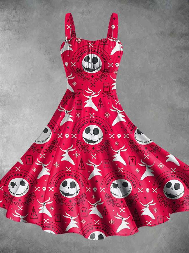 Vintage Christmas Nightmare Print Backless Dress