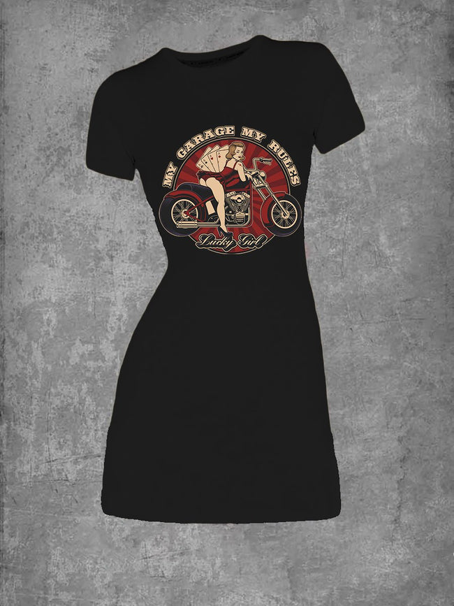 Women's Vintage Lucky Girl Print Crew Neck T-Shirt Dress