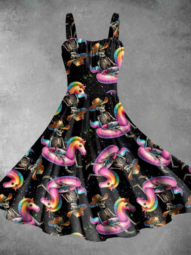 Retro Cowboy Skeleton Unicorn Pool Float Print Backless Dress