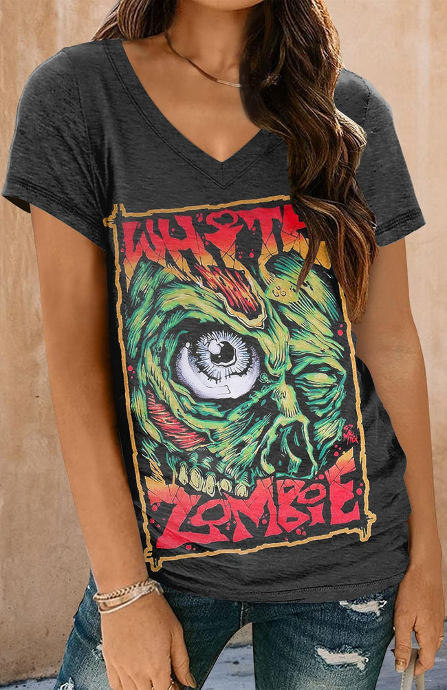 Vintage Zombie Halloween Print Short Sleeve V Neck T-shirt