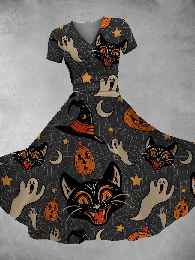 Women's Vintage Halloween Pumpkin Cat Print Maxi Dress