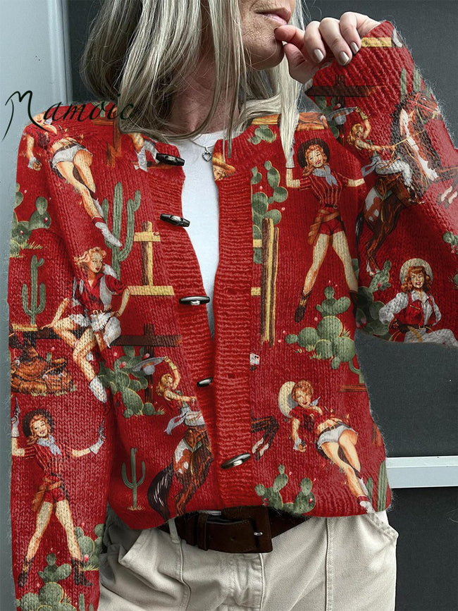 Vintage Western Cowgirl Print Buttoned Cardigan Sweater