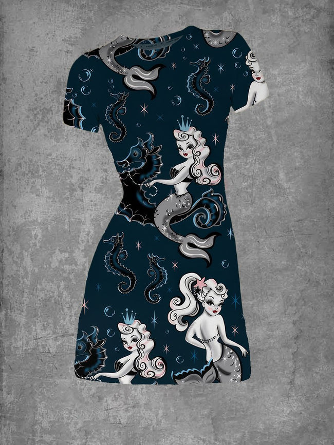 Women's Seahorse And Mermaid Print Crew Neck T-Shirt Dress