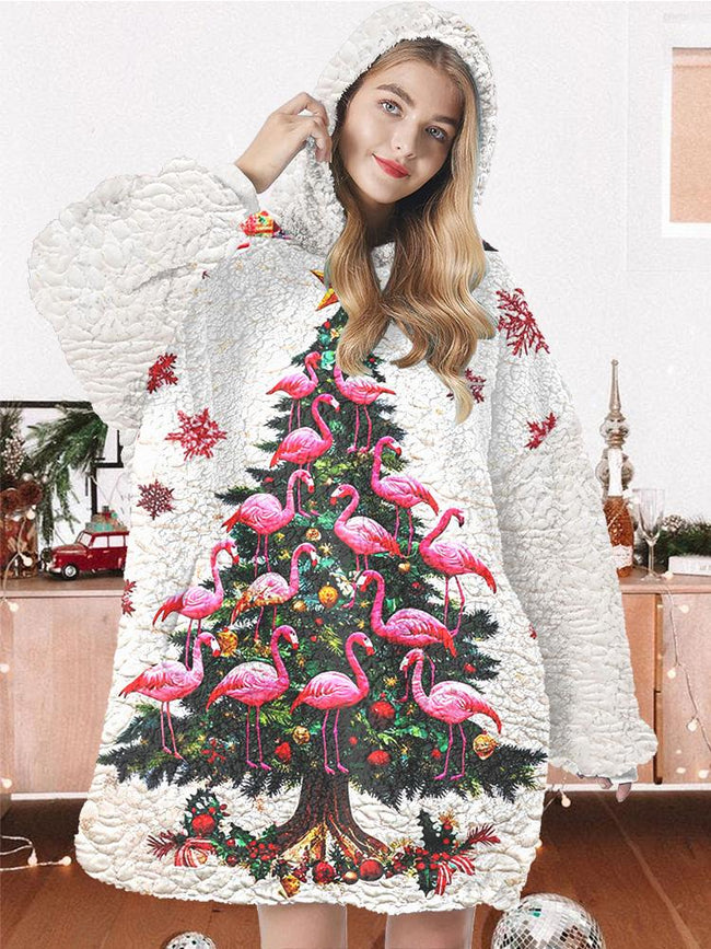 Christmas tree ostrich print oversized flannel hoodie blanket