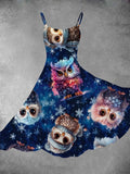 Women's Vintage Cute Owl Print Two-Piece Dress