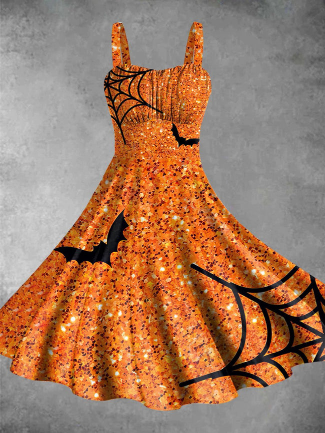 Vintage Halloween Spider Web Print Backless Dress