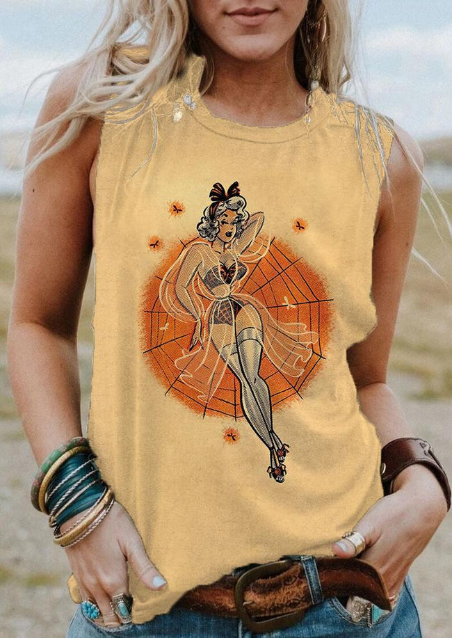 Vintage Halloween Spider Girl Print Tank Top