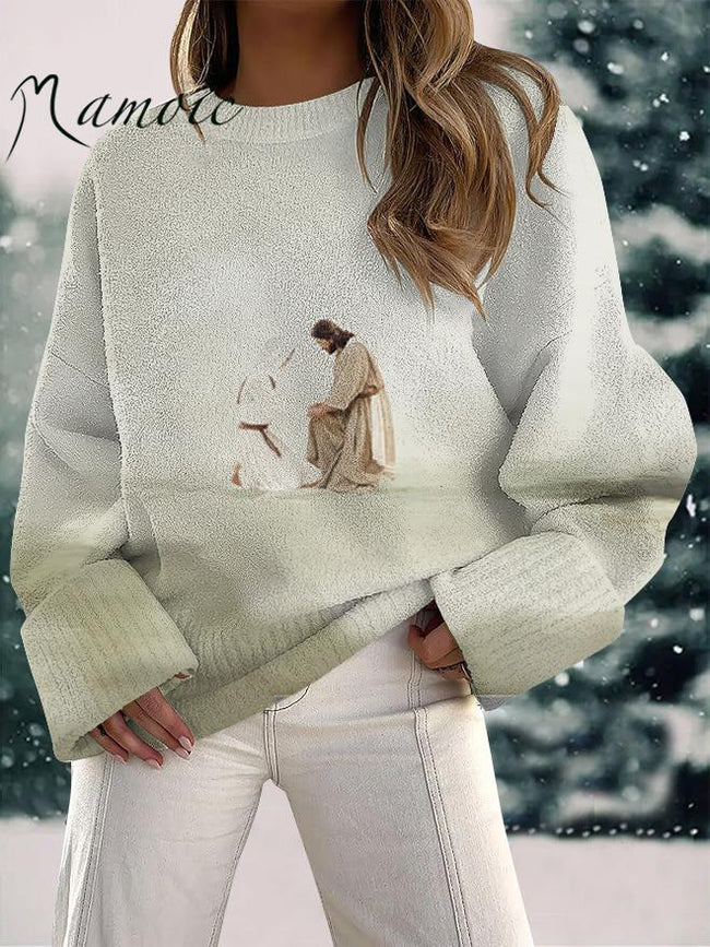 Women's Jesus Print Fuzzy Knit Casual Pullover Sweaters