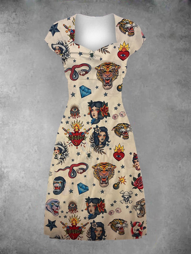 Women's Vintage Tattoo Feather Fire Print Patchwork Casual Midi Dress