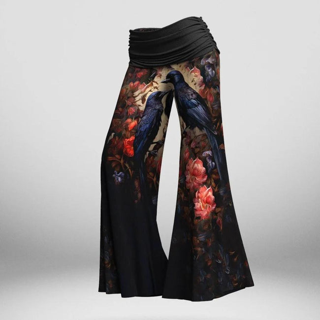 Women's Halloween Dark Raven Print Wide Leg Pants