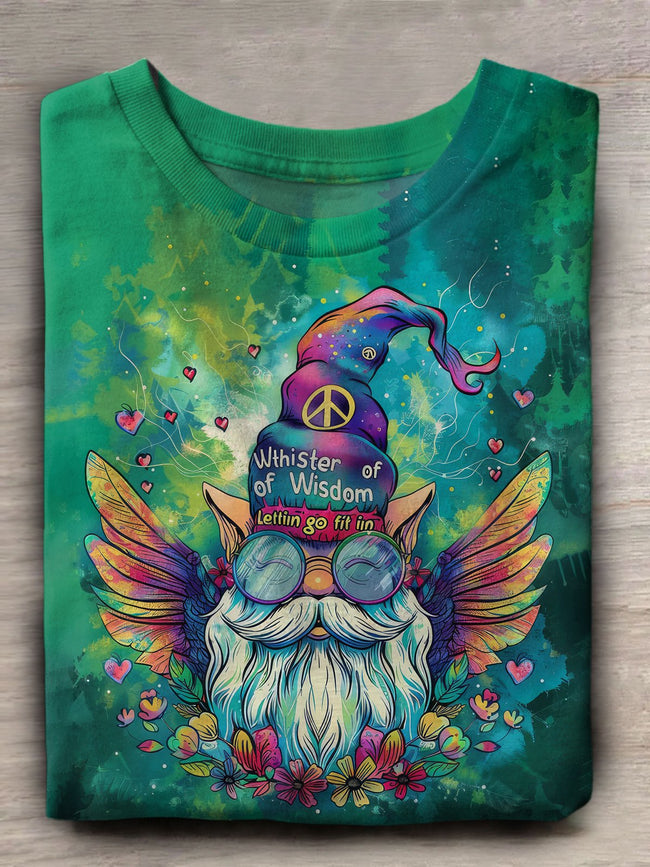 Vintage Hippie Gnome Print Crew Neck T-shirt