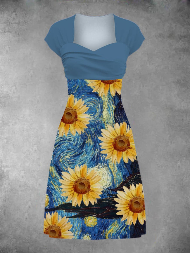 Women's The Starry Night Sunflower Print Patchwork Casual Midi Dress