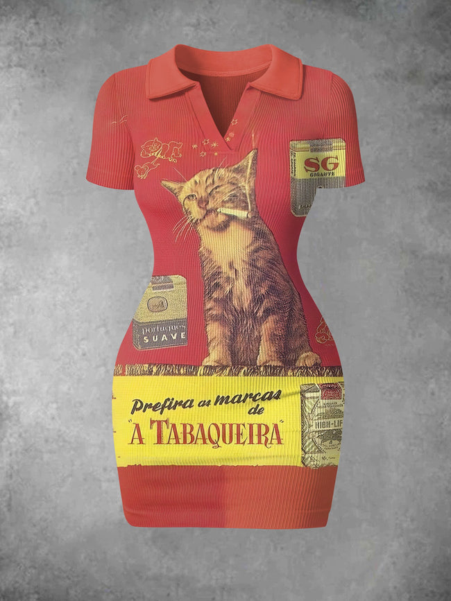 Women's Vintage Smoking Cat Print Ribbed Bodycon Mini Dress