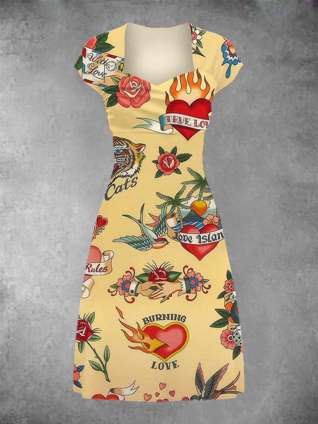 Women's Vintage True Love Print Patchwork Casual Midi Dress