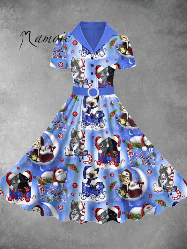 Women's Cute Christmas Kitty Print Lapel Midi Dress